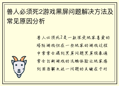 兽人必须死2游戏黑屏问题解决方法及常见原因分析